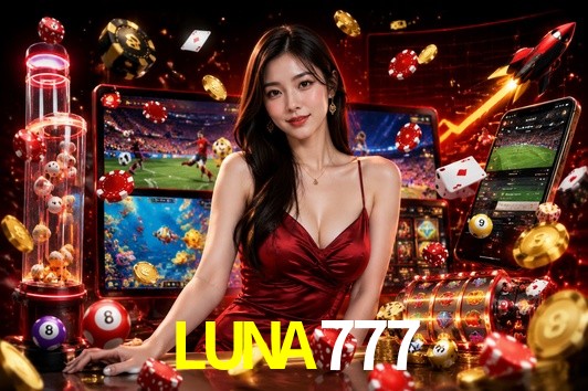 Una escena digital vívida inspirada en casino con LUNA777 mostrado prominentemente, luces brillantes, fichas, cartas y acentos dorados.